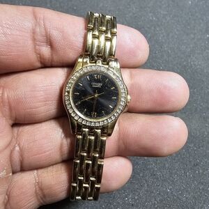 Citizen Ladies Quartz Watch Gold Tone Black Dial Crystal Accent Bezel Working he